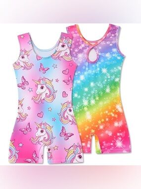 NEW 4T Girls Unicorn & Rainbow Gymnastics Dance Leotard - Set of 2